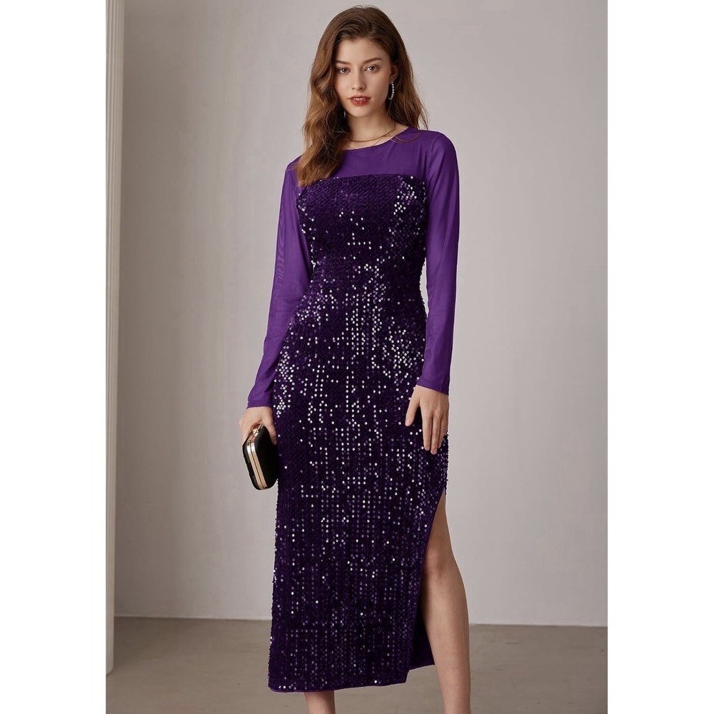 Grace Karin Women's Purple Sequin Sheer Sleeve‎ Maxi Dress Size Medium Event